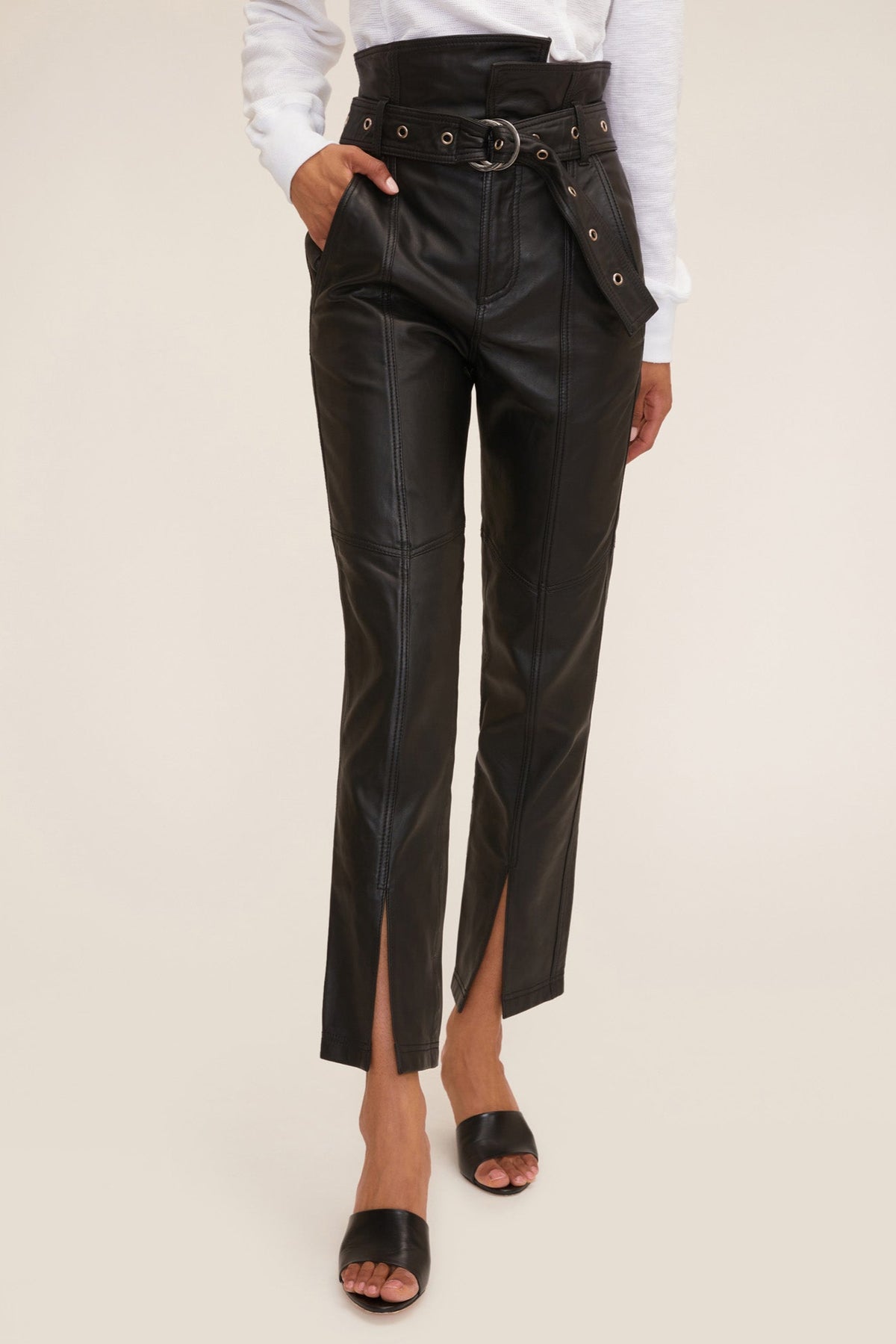 Anniston Split Hem Ankle Length Leather Pant in Black | MARISSA WEBB