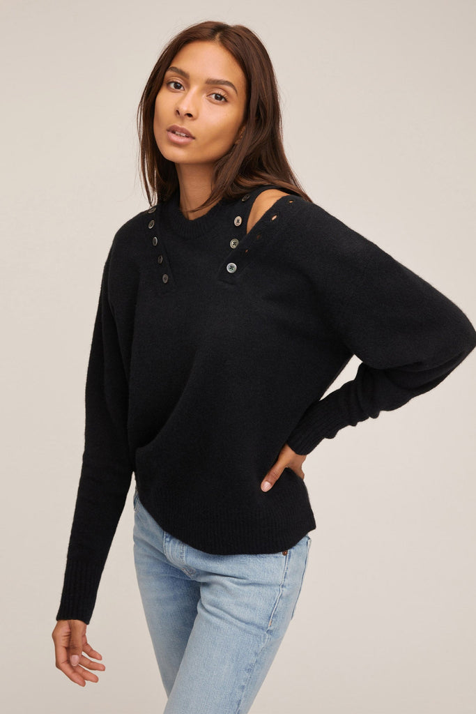 Braxton Double Button Crewneck Sweater in Black | MARISSA WEBB
