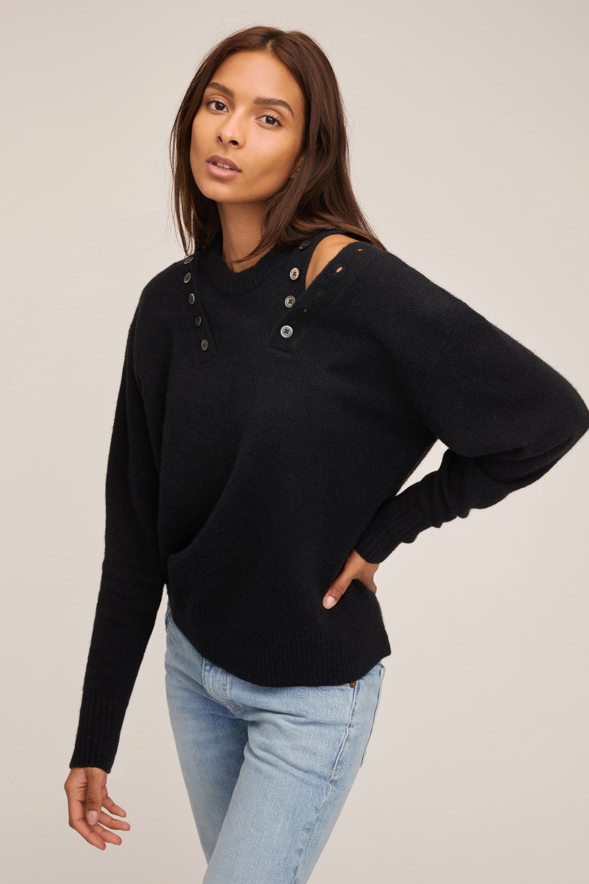 Braxton Double Button Crewneck Sweater in Black | MARISSA WEBB