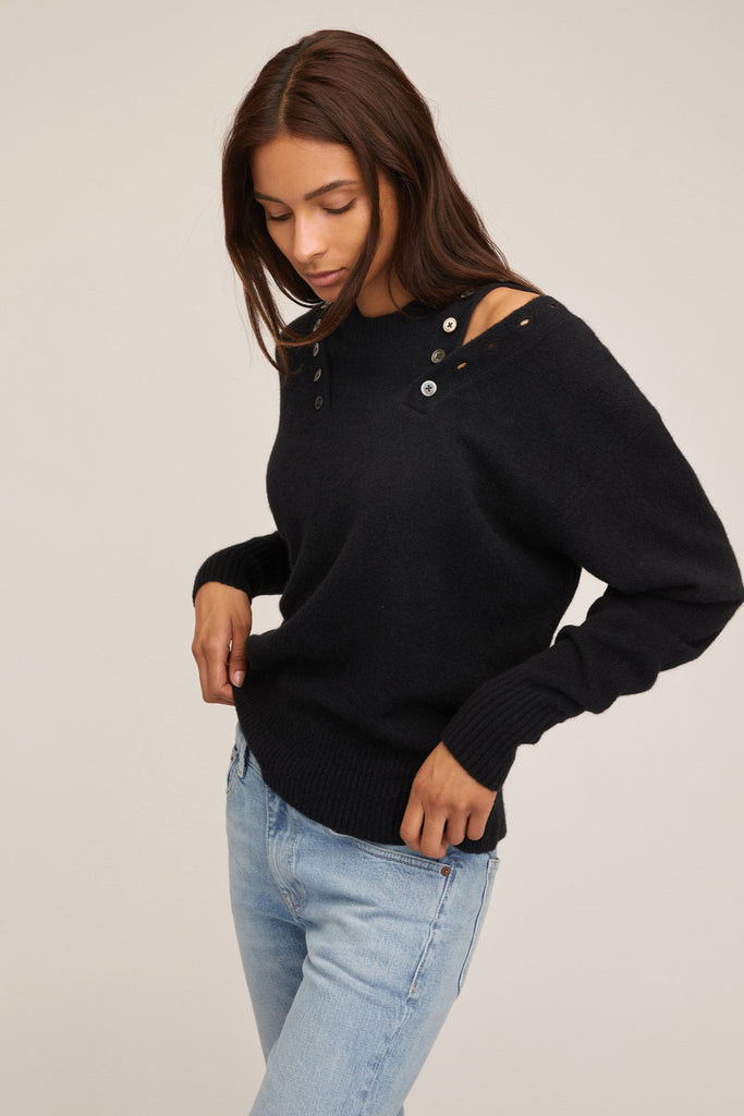 Braxton Double Button Crewneck Sweater in Black | MARISSA WEBB