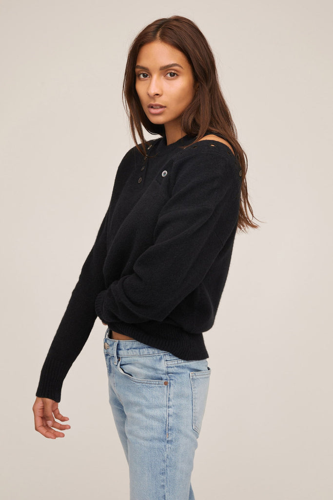 Braxton Double Button Crewneck Sweater in Black | MARISSA WEBB