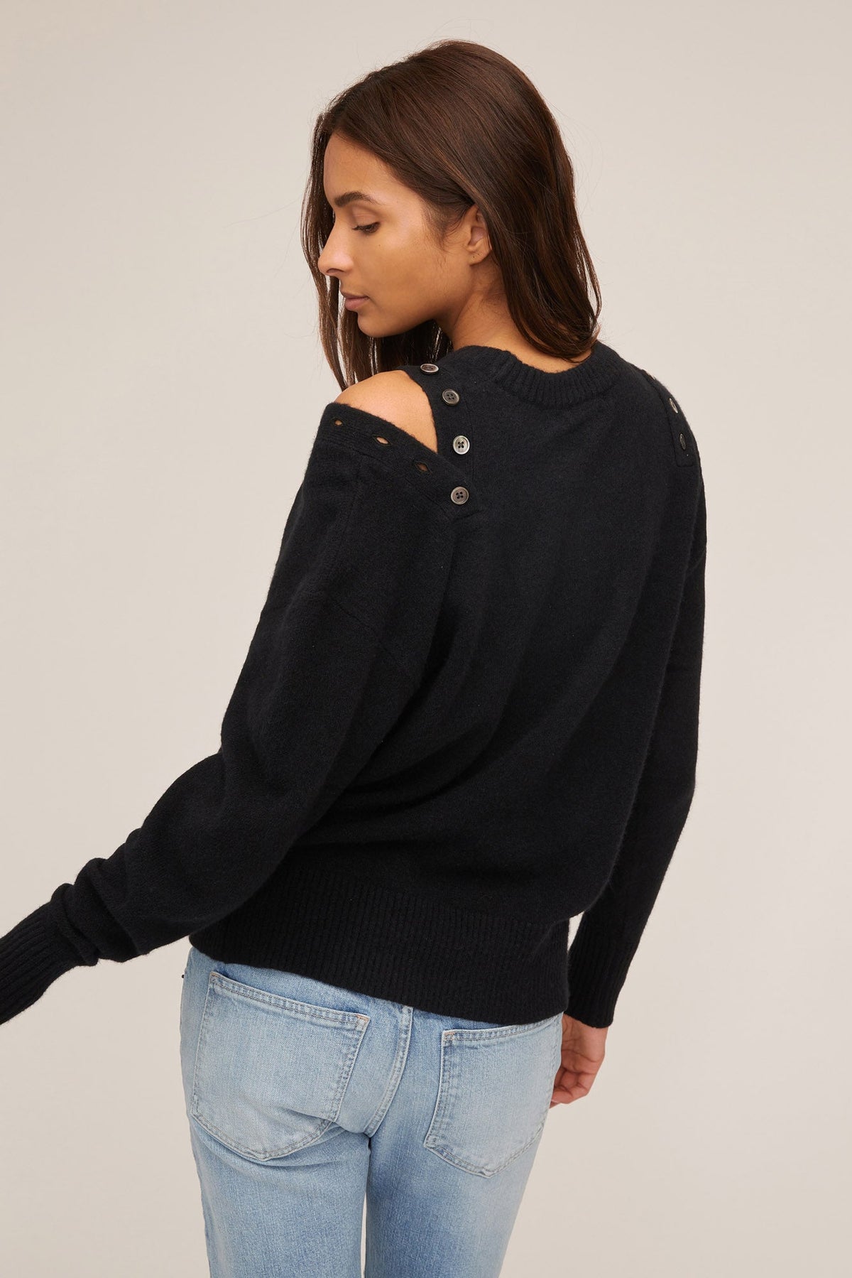 Braxton Double Button Crewneck Sweater in Black | MARISSA WEBB
