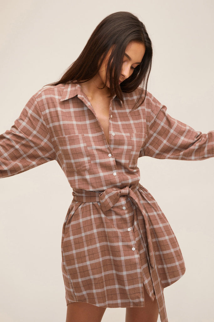 Brett Lightweight Flannel U-Back Mini Dress in Mesa Tan Plaid | MARISSA WEBB