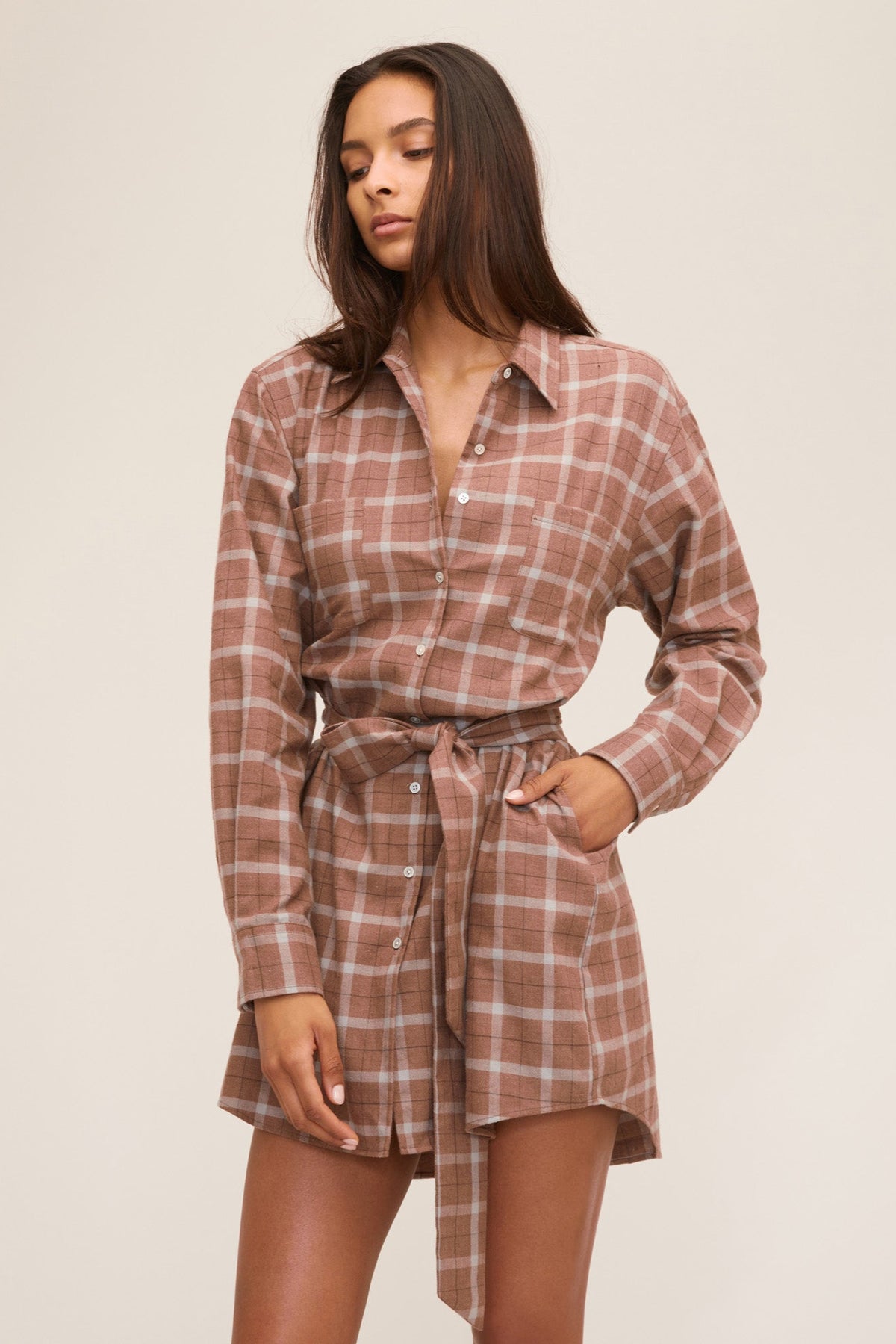 Brett Lightweight Flannel U-Back Mini Dress in Mesa Tan Plaid | MARISSA WEBB