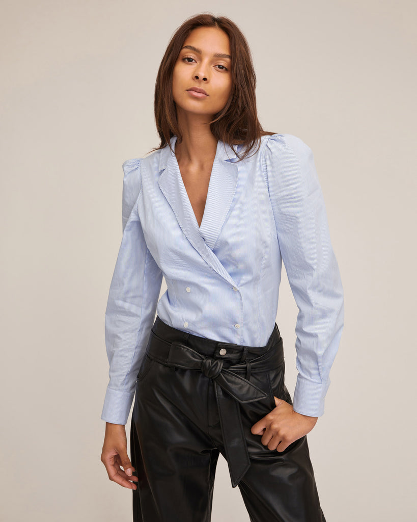 Hadley Double Button Down in Peri Blue Pinstripe | MARISSA WEBB