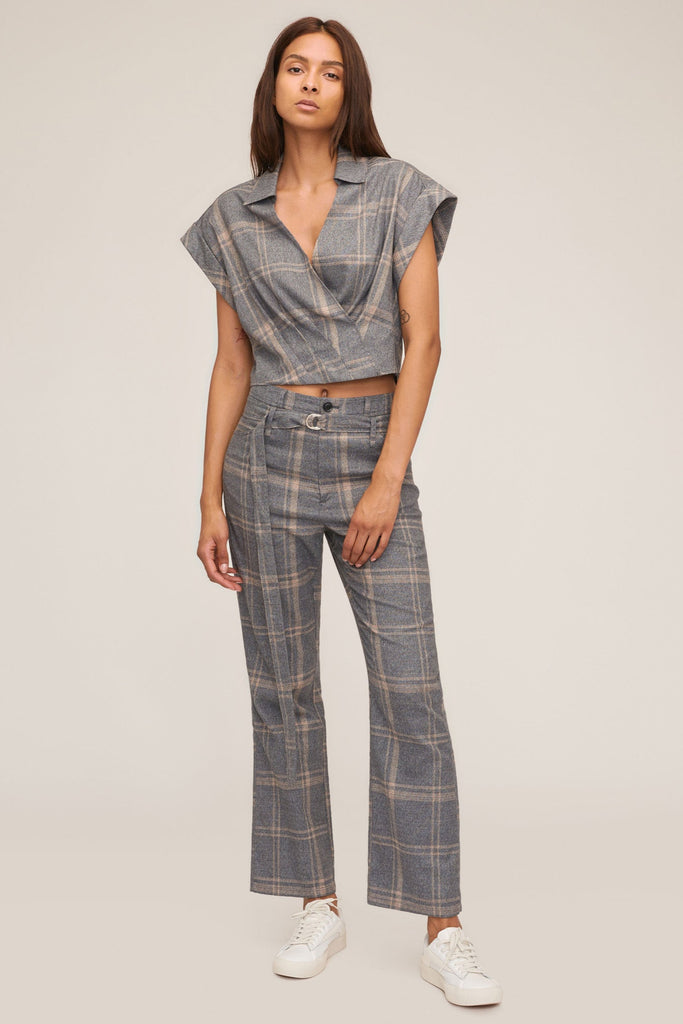 Lennon Lightweight Flannel Flare Pant in Fog Grey Plaid | MARISSA WEBB
