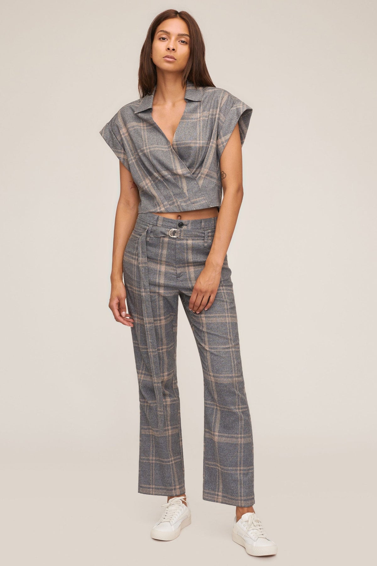 Lennon Lightweight Flannel Flare Pant in Fog Grey Plaid | MARISSA WEBB
