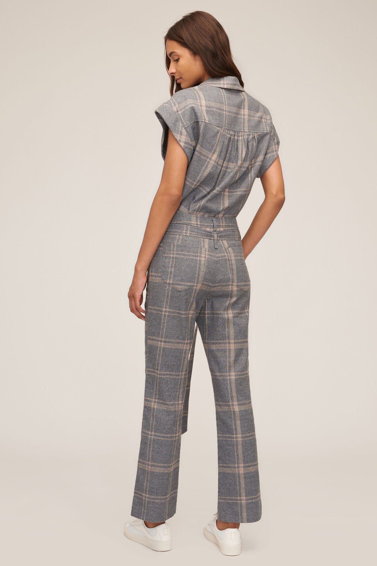 Lennon Lightweight Flannel Flare Pant in Fog Grey Plaid | MARISSA WEBB
