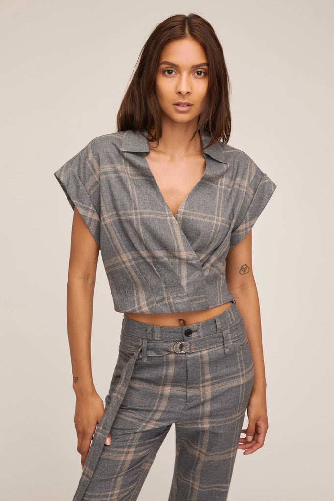 Lennon Lightweight Flannel Flare Pant in Fog Grey Plaid | MARISSA WEBB