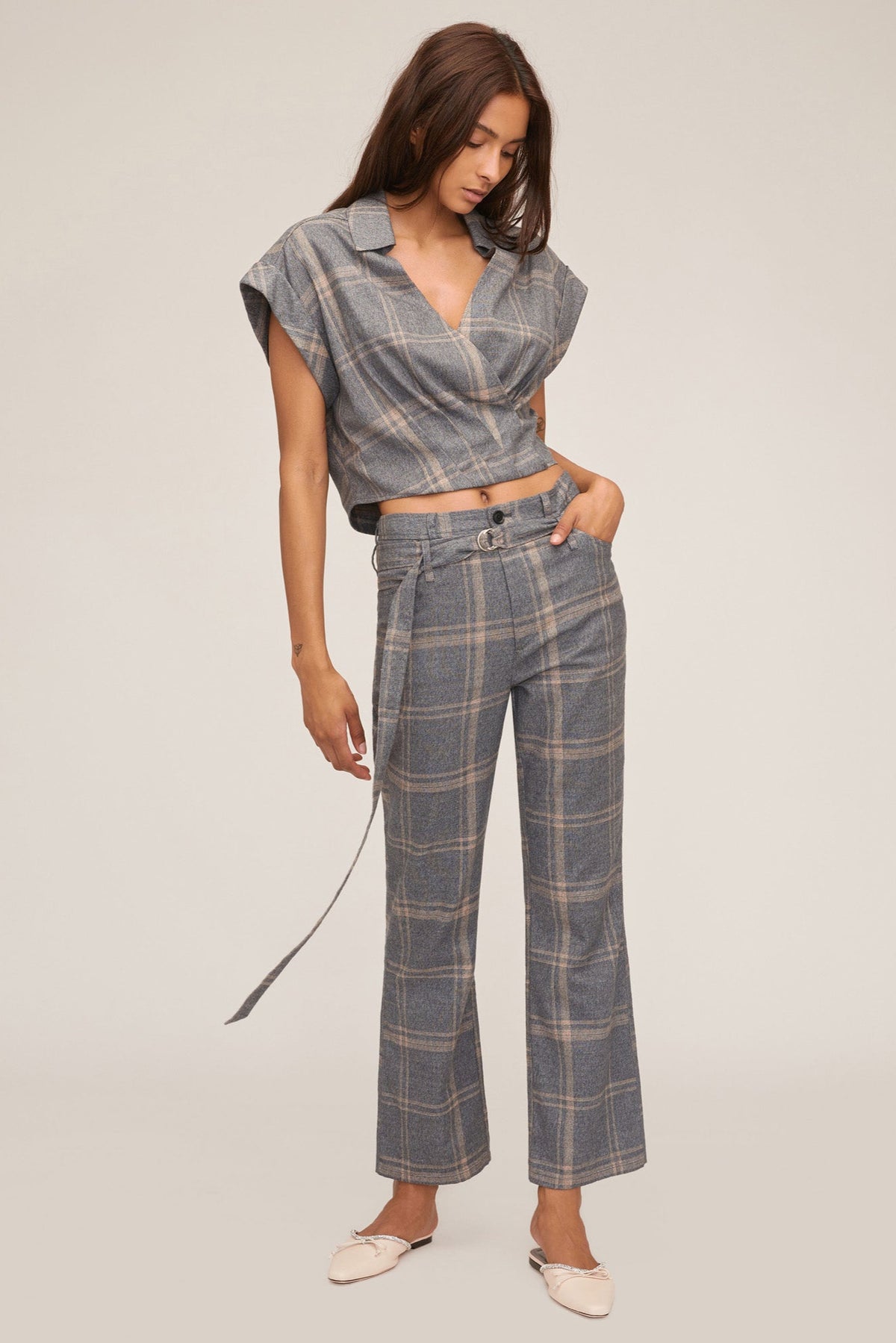 Lennon Lightweight Flannel Flare Pant in Fog Grey Plaid | MARISSA WEBB