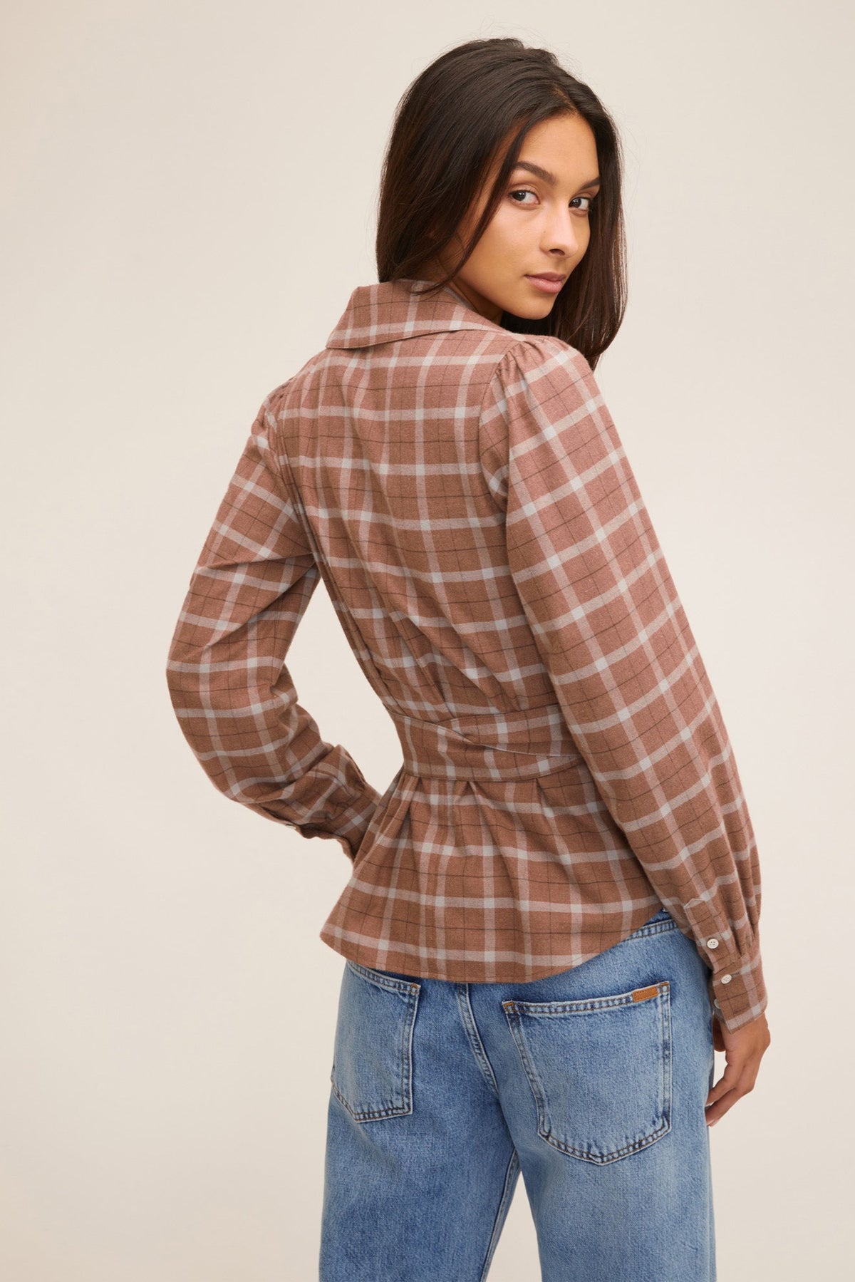 Mia Lightweight Flannel Wrap Top in Mesa Tan Plaid | MARISSA WEBB