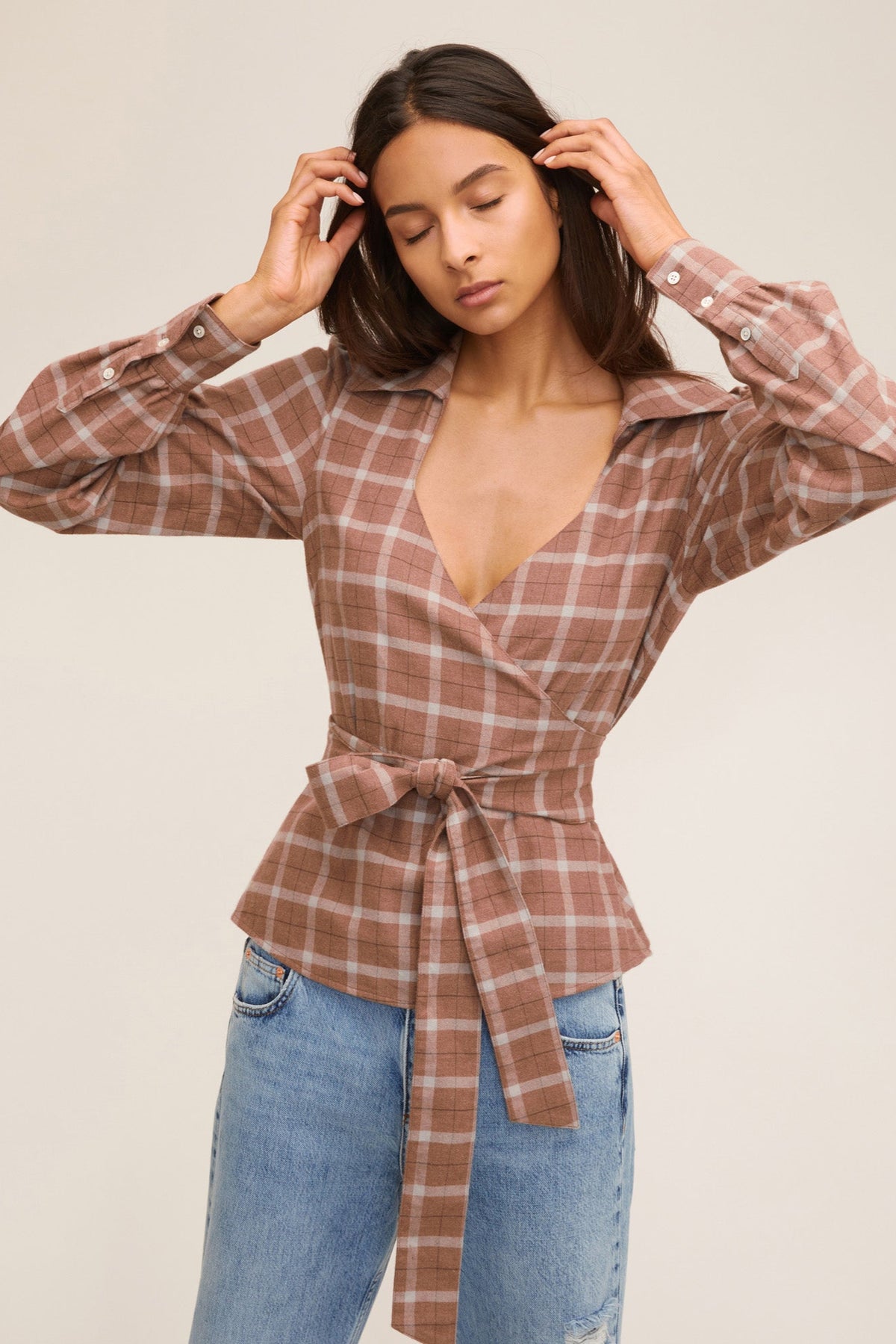 Mia Lightweight Flannel Wrap Top in Mesa Tan Plaid | MARISSA WEBB