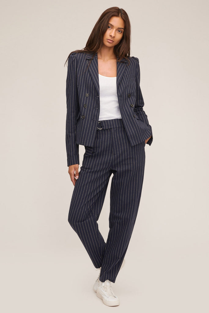 Noel Double Breasted Navy Beige Pinstripe Shirt Blazer | MARISSA WEBB