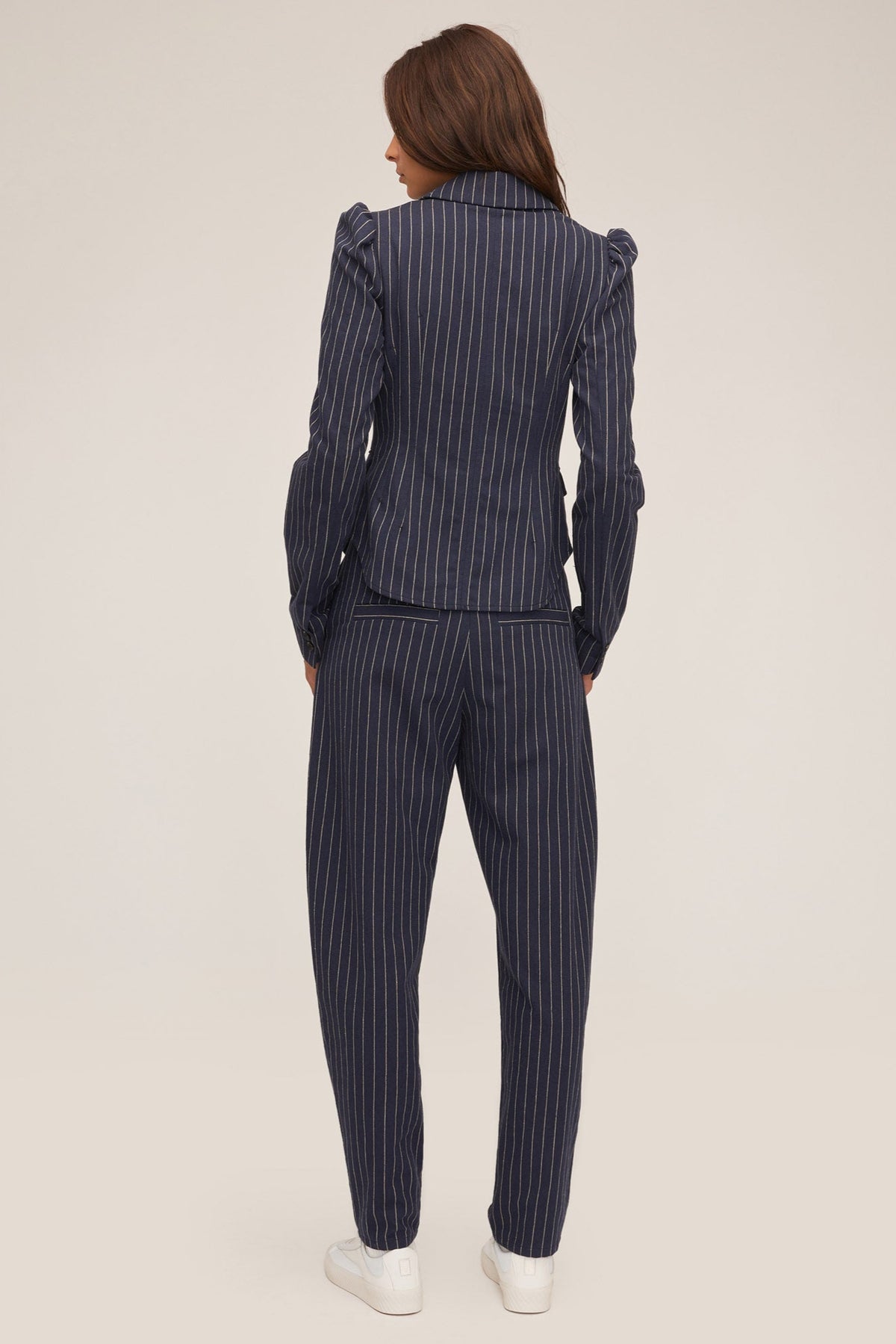 Noel Double Breasted Navy Beige Pinstripe Shirt Blazer | MARISSA WEBB
