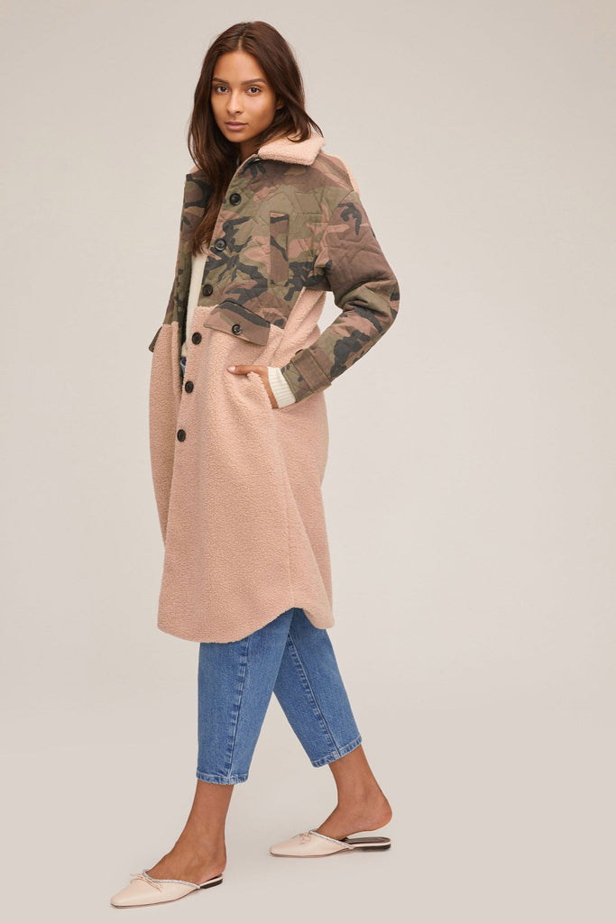 Reese Quilted Woodland Camo Sherpa Coat | MARISSA WEBB