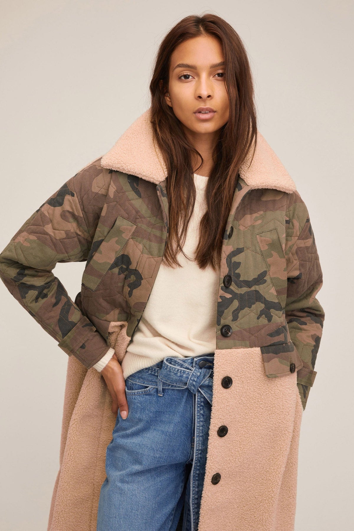 Reese Quilted Woodland Camo Sherpa Coat | MARISSA WEBB
