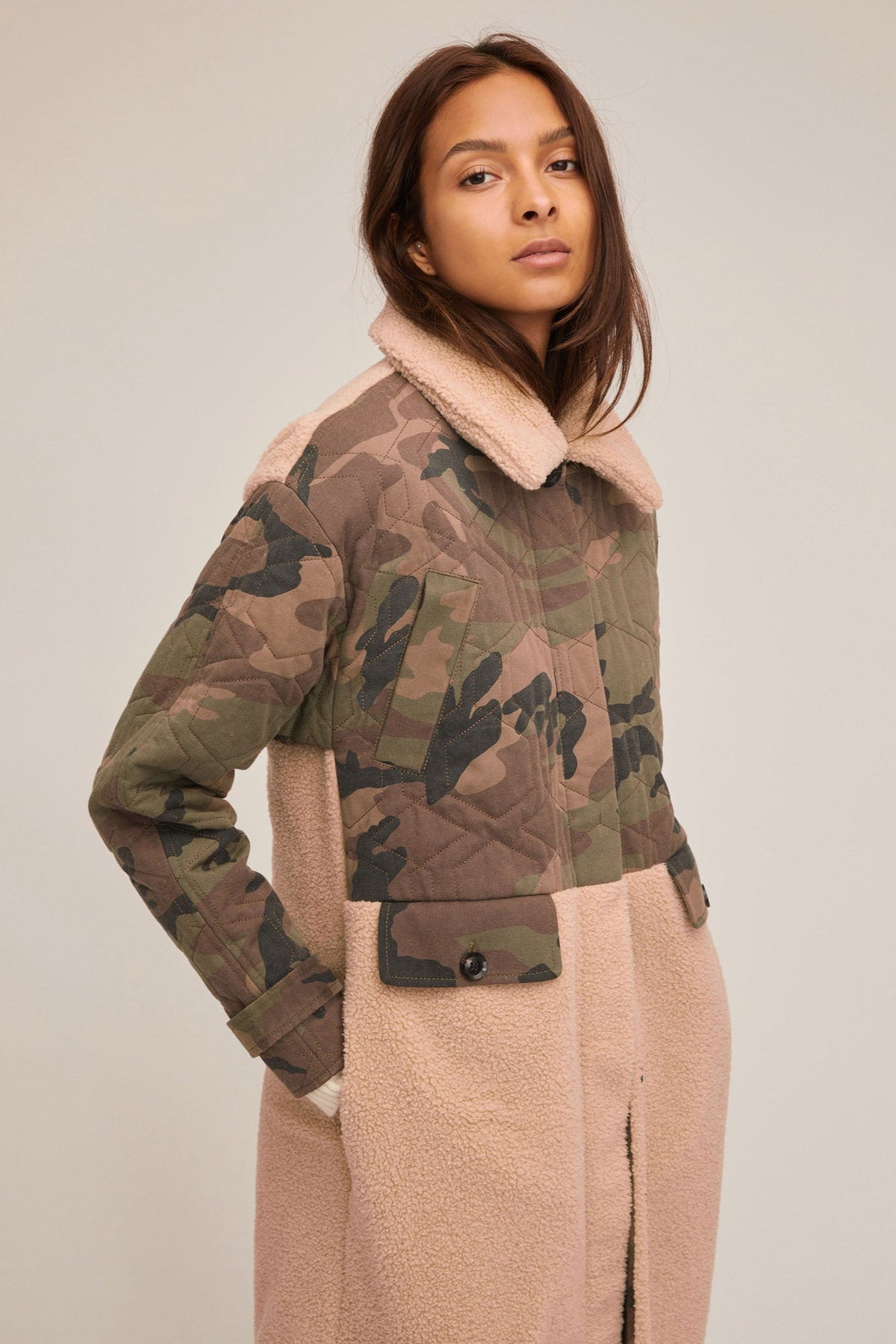 Reese Quilted Woodland Camo Sherpa Coat | MARISSA WEBB