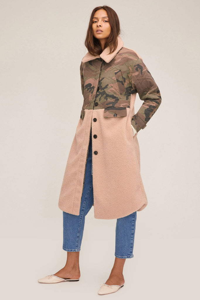 Reese Quilted Woodland Camo Sherpa Coat | MARISSA WEBB