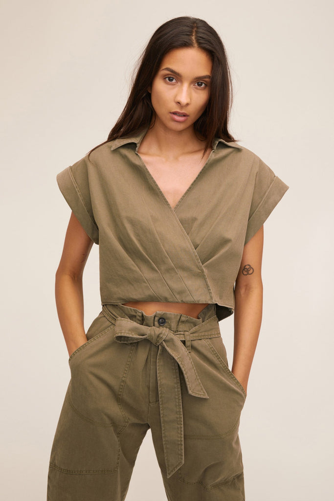 Rowe Washed Canvas Drop Shoulder Top in Military Green | MARISSA WEBB