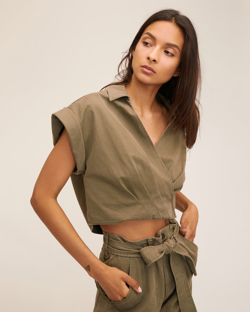 Rowe Washed Canvas Drop Shoulder Top in Military Green | MARISSA WEBB