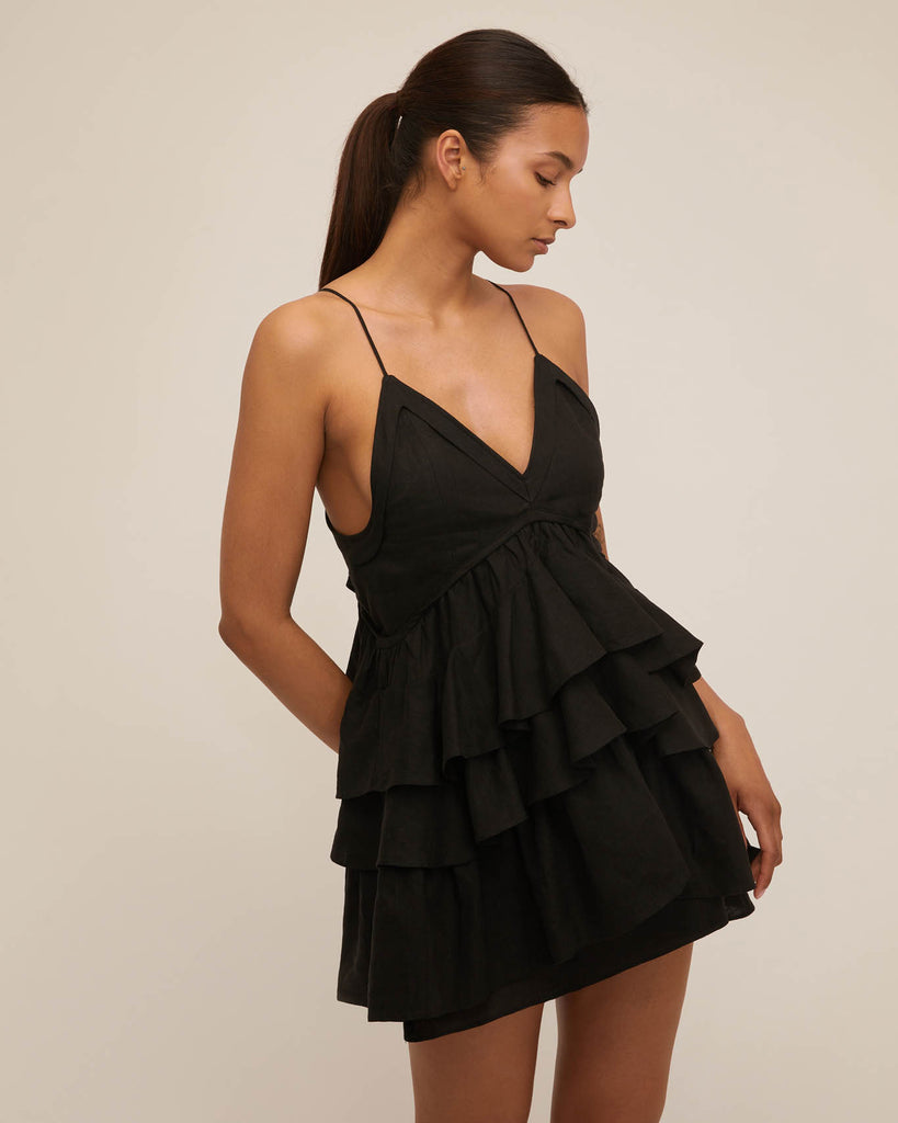 Lucia Tiered Mini Dress in Linen Black | MARISSA WEBB