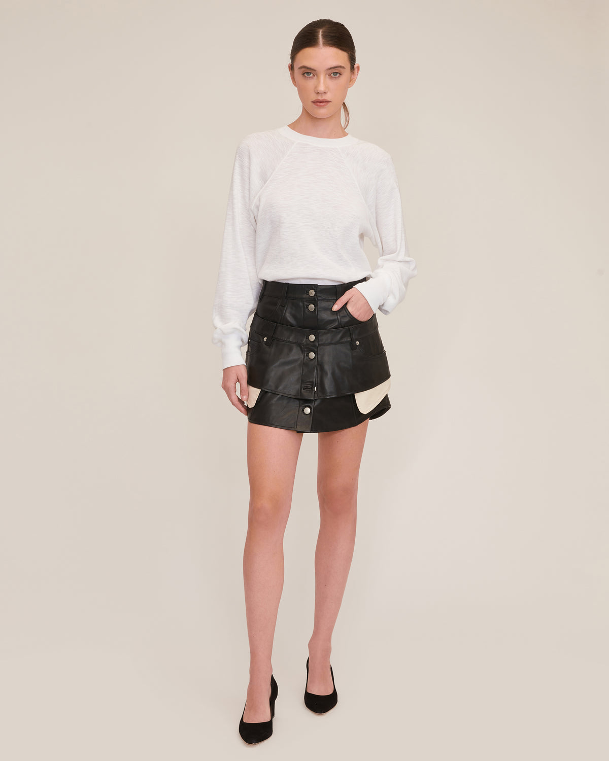 Nori Leather Layered Waist Mini Skirt | MARISSA WEBB