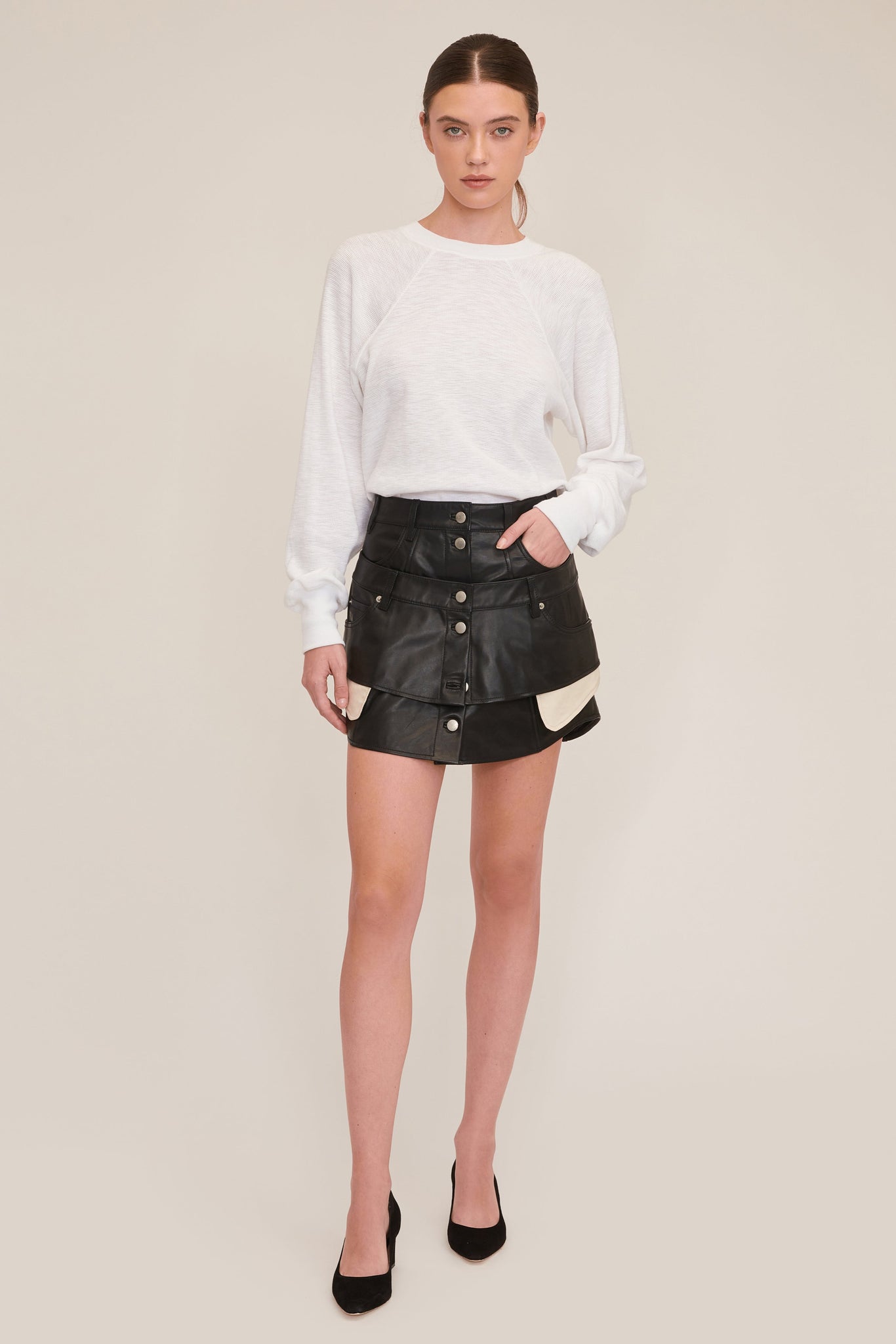 Nori Leather Layered Waist Mini Skirt | MARISSA WEBB