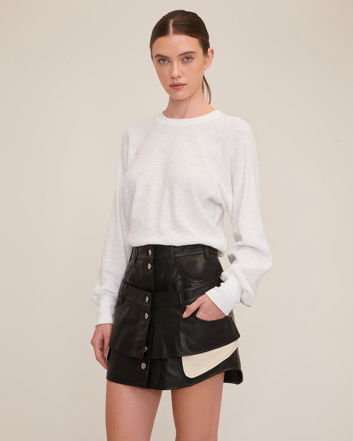 Nori Leather Layered Waist Mini Skirt | MARISSA WEBB
