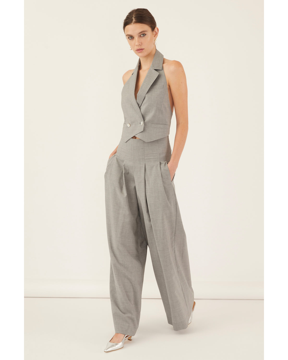 Ava Open Back Cropped Tuxedo Vest in Dove Grey | MARISSA WEBB