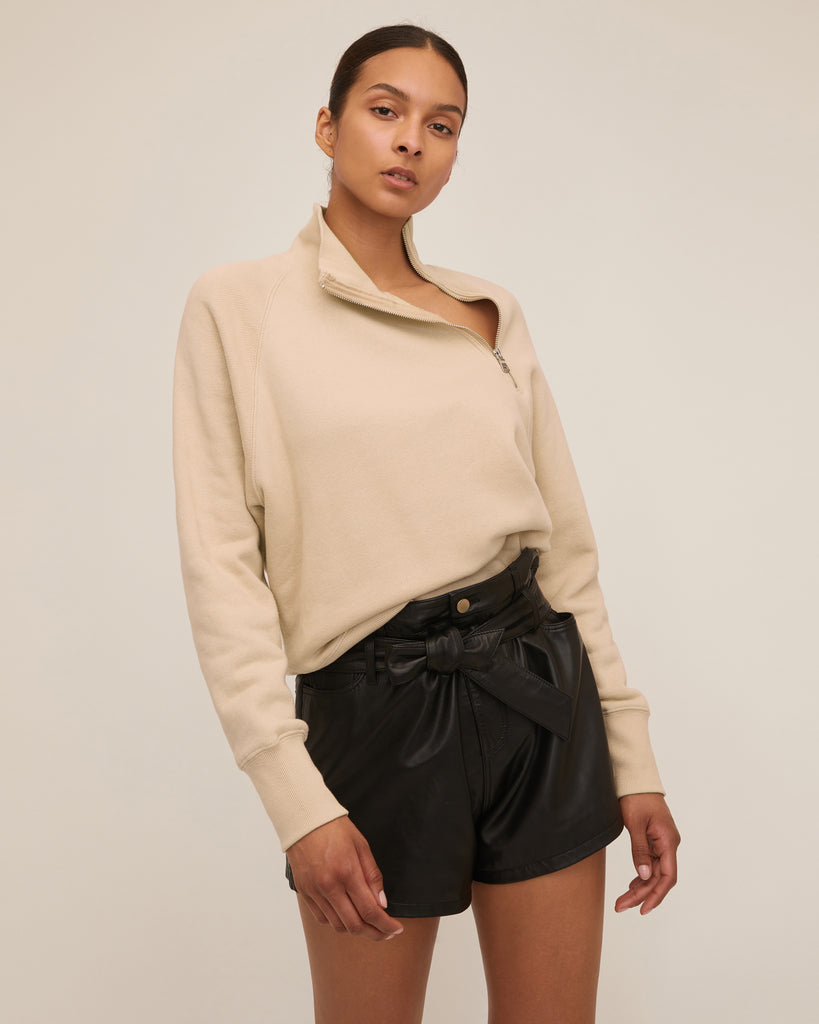 So Uptight French Terry Funnel Neck Zip Sweatshirt in Sand