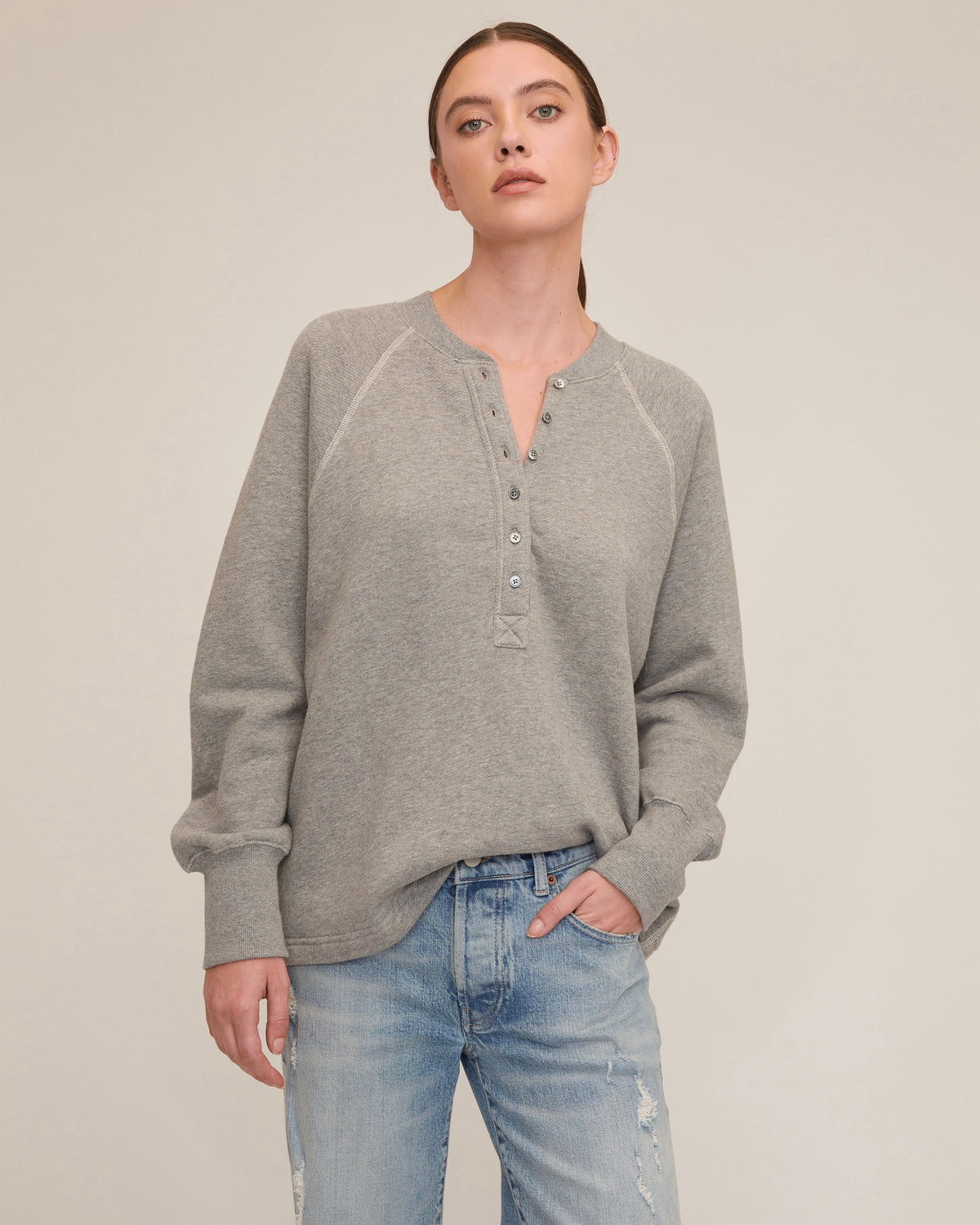 French Terry Raglan Henley Sweatshirt - Heather Grey