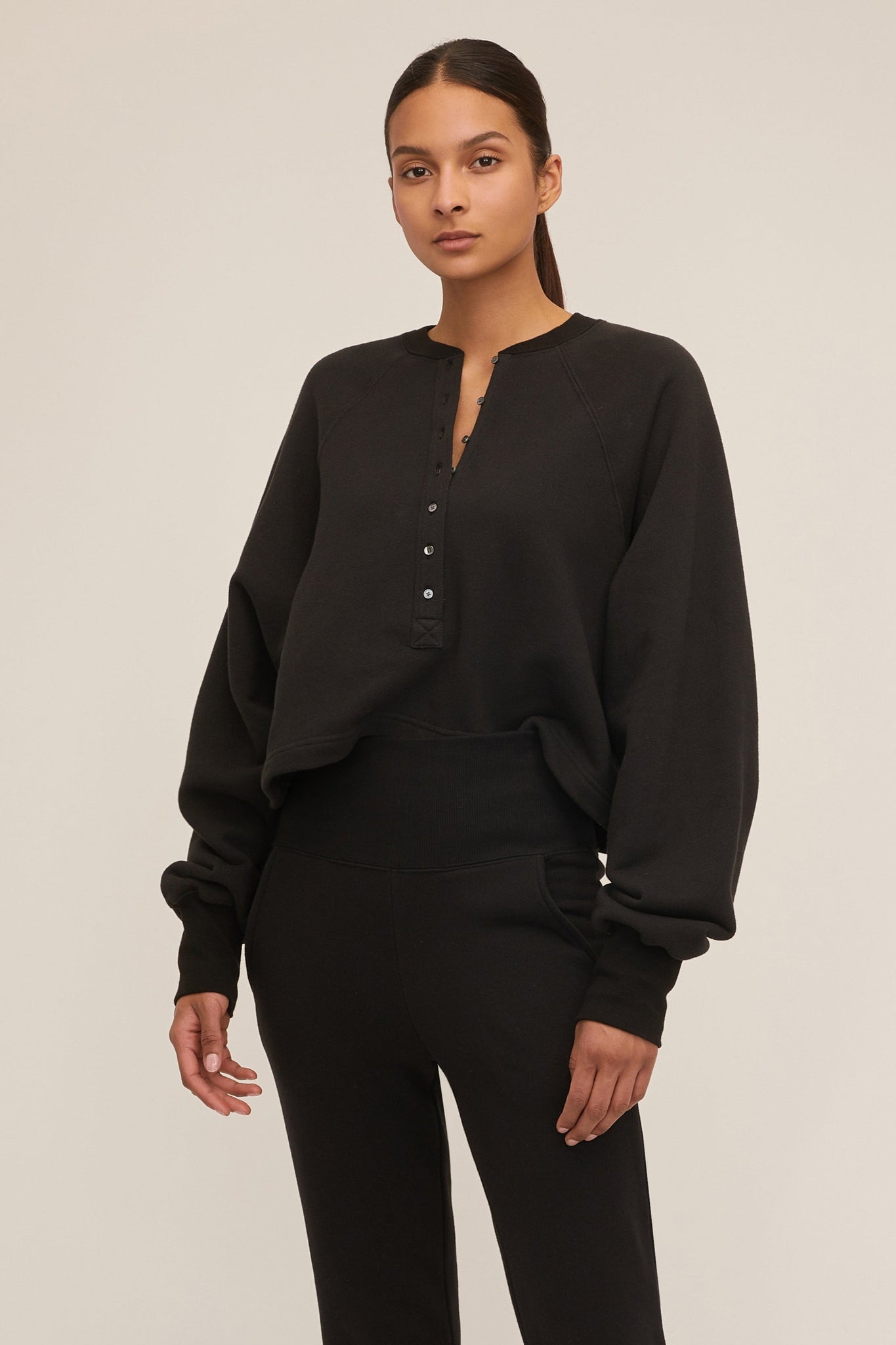 So Uptight French Terry Plunge Henley Black Sweatshirt | MARISSA
