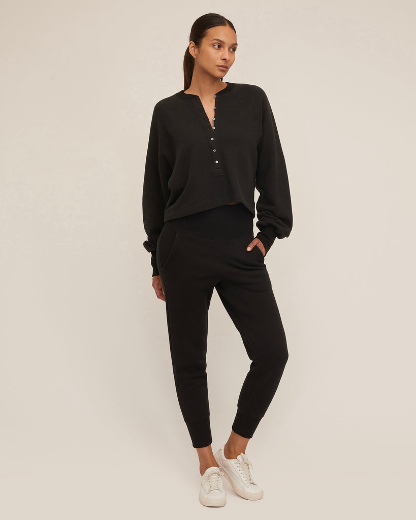 So Uptight French Terry Plunge Henley Sweatshirt in Black