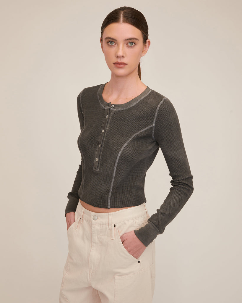 Cropped Cotton Stretch Seamed Henley - Ash