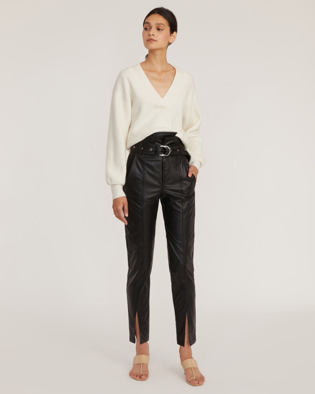 Split Hem Leather Pant in Black