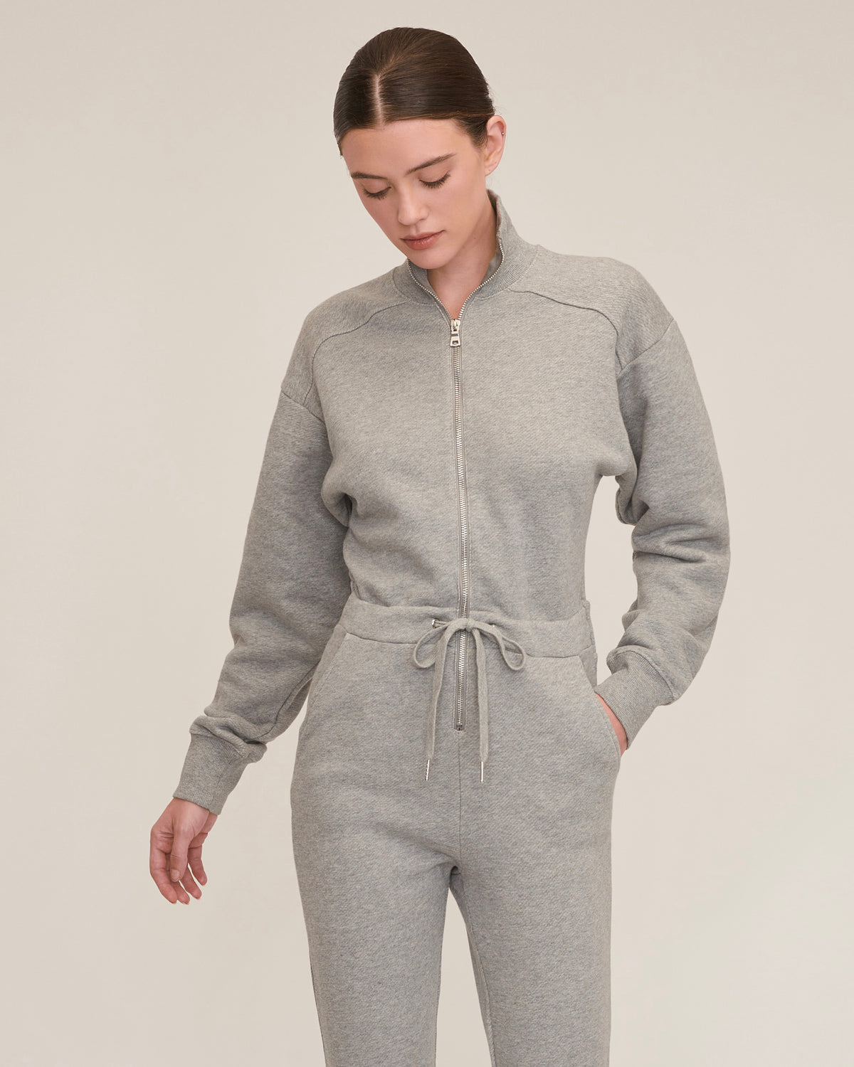 Red-Eye French Terry Zip Front Jumpsuit in Heather Grey | MARISSA WEBB