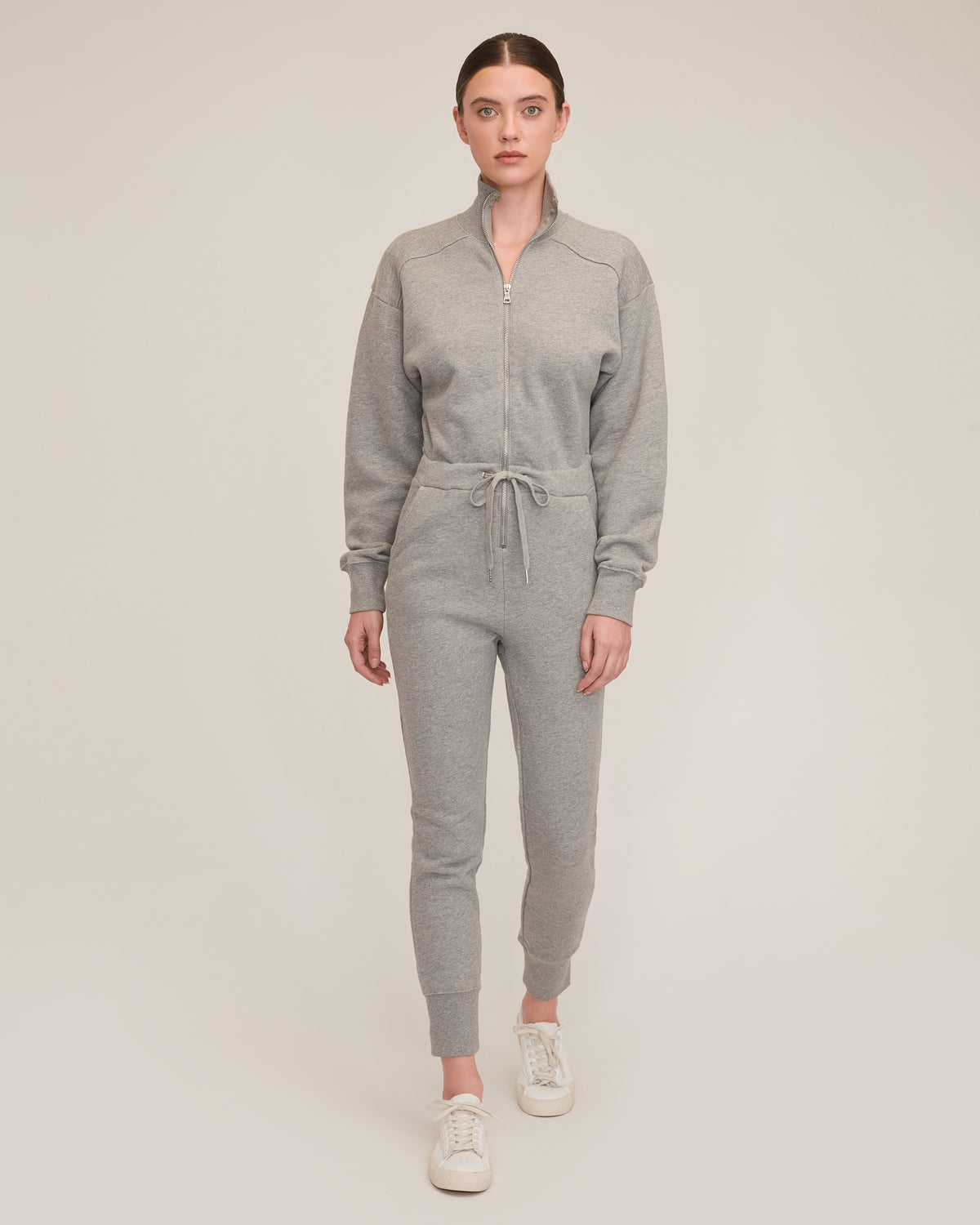 Red-Eye French Terry Zip Front Jumpsuit in Heather Grey