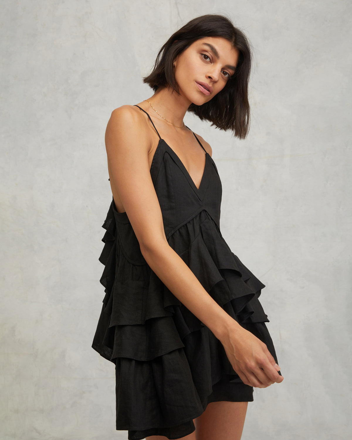 Lucia Tiered Mini Dress in Linen Black