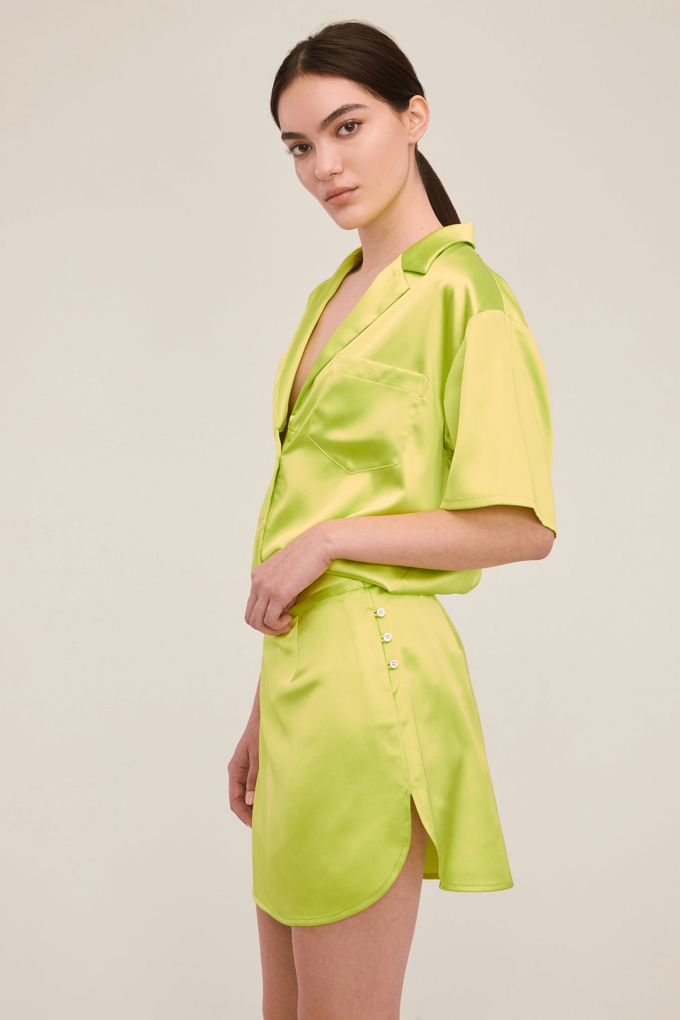 Margo Satin Notch Collar Camp Shirt in Neon Lime | MARISSA WEBB