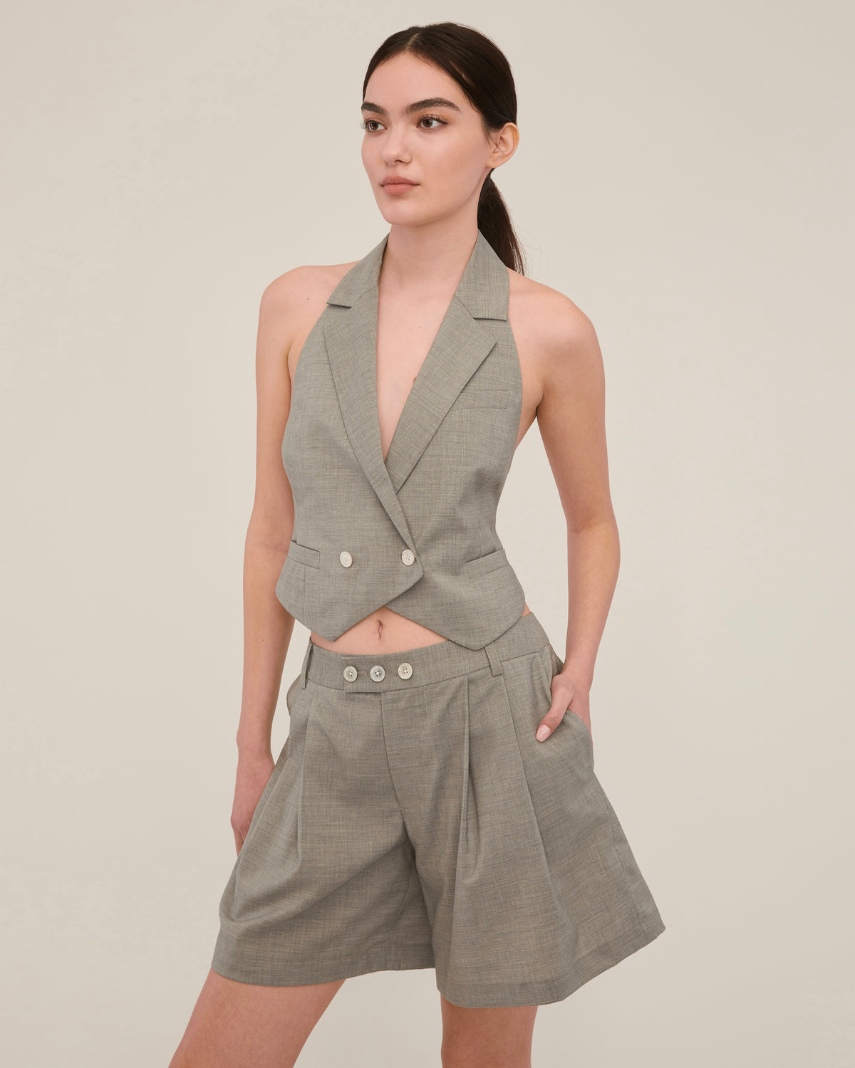 Ava Open Back Cropped Tuxedo Vest in Dove Grey | MARISSA WEBB