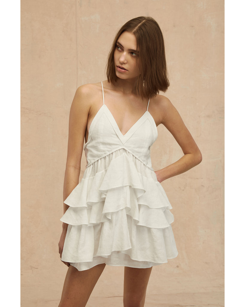 Lucia Tiered Mini Dress in Linen White | MARISSA WEBB