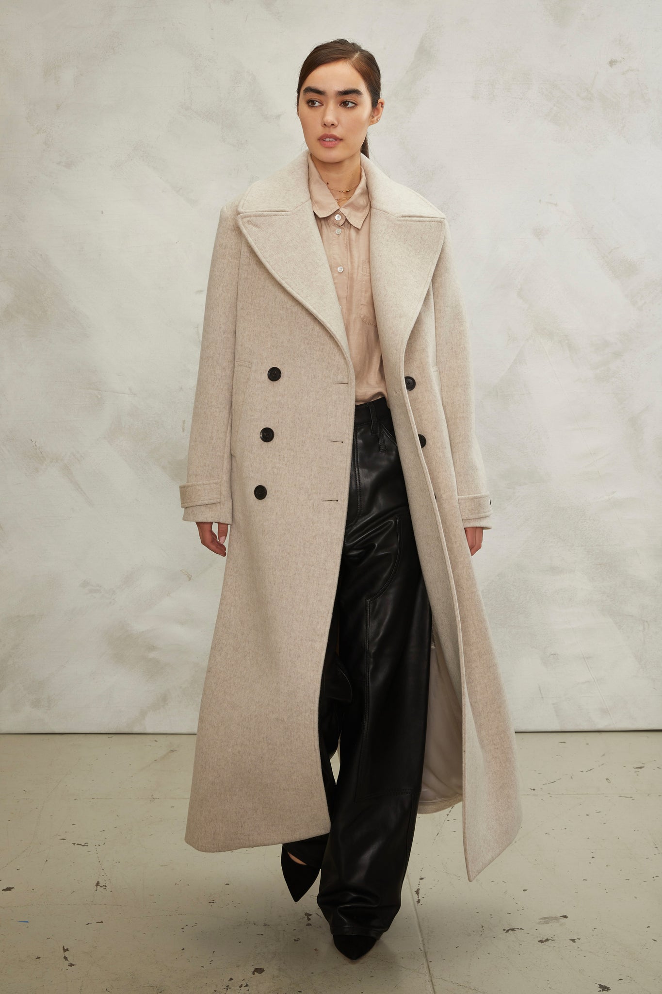 Vera Double Breasted Full Length Wool Peacoat in Chai | MARISSA WEBB