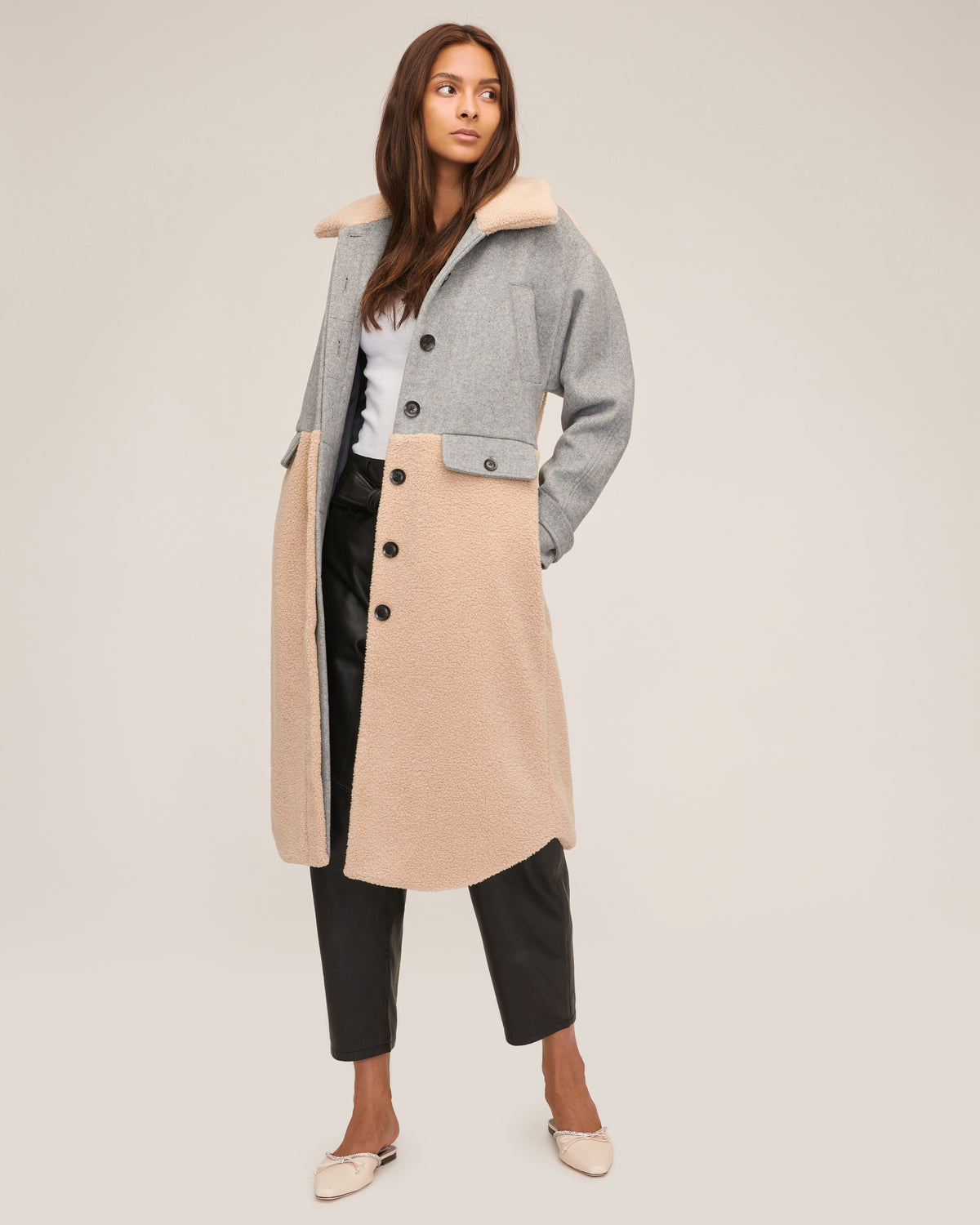 Reese Sherpa Overcoat in Grey Wool Beige Combo | MARISSA WEBB