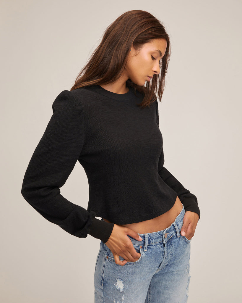 Puff Sleeve Waffle Knit Pullover - Black