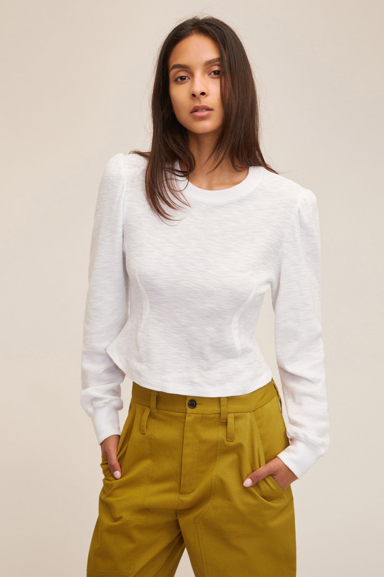 WAFFLE LIKE PUFF SLEEVE KNIT｜ファッション