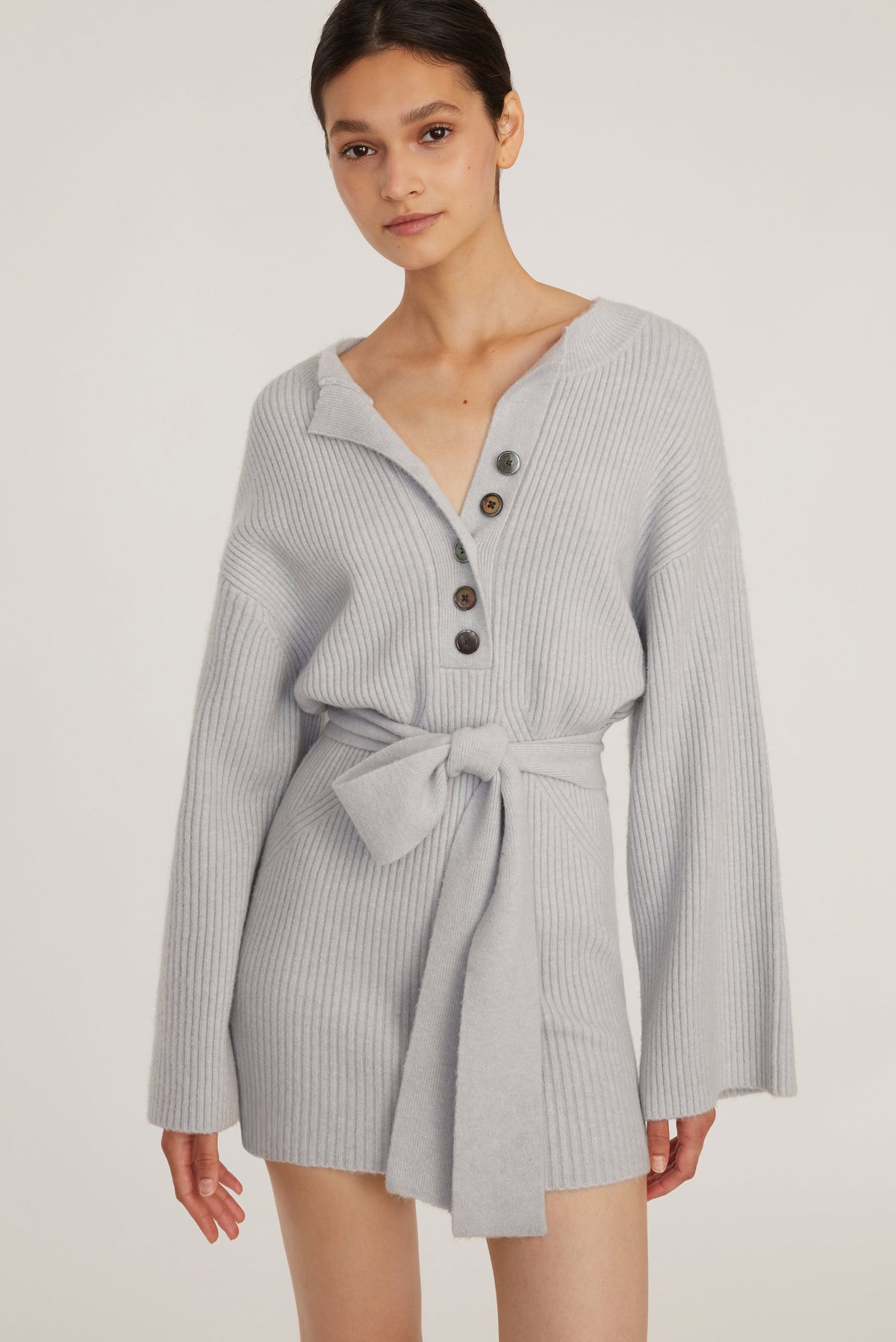 Arie Ribbed Cashmere Blend Henley Sweater Dress in Cloud