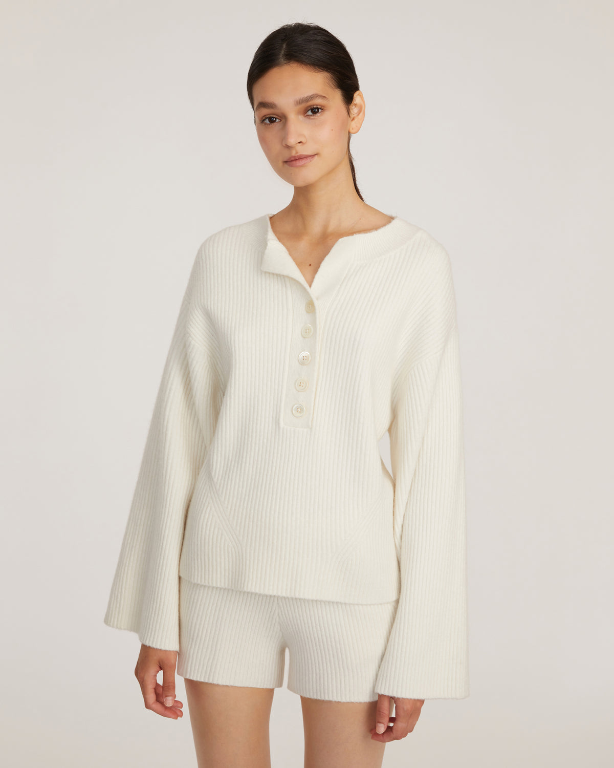 Arie Ribbed Cashmere Blend Henley Sweater in Cream