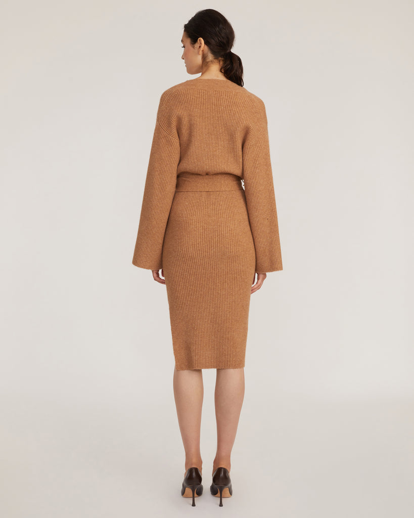 Arie Ribbed Cashmere Blend Henley Midi Sweater Dress in Camel
