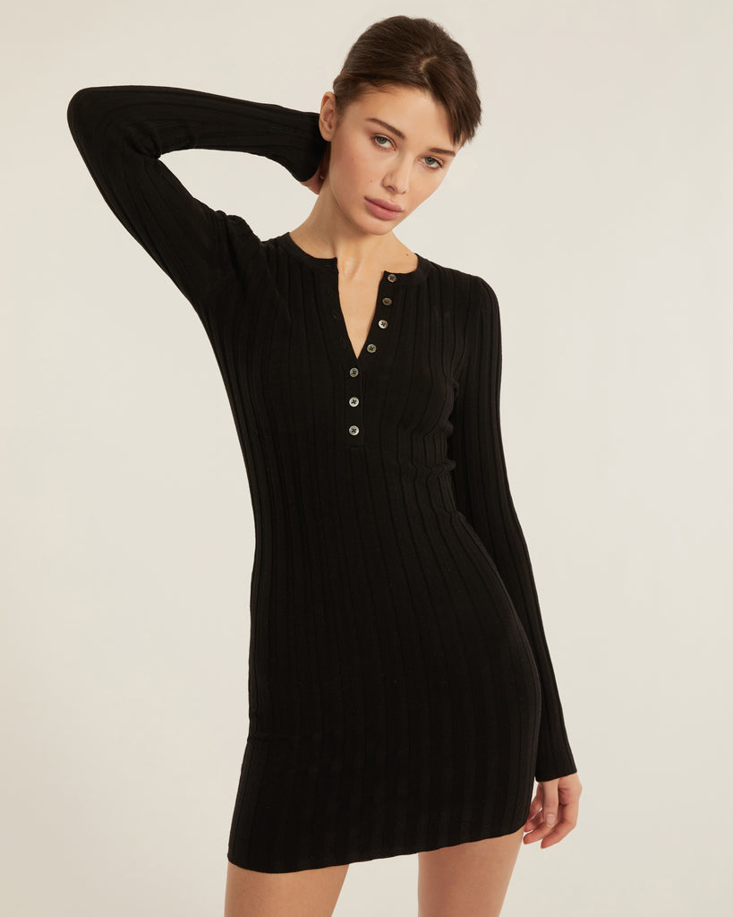 Brantley Ribbed Henley Long Sleeve Sweater Dress in Black