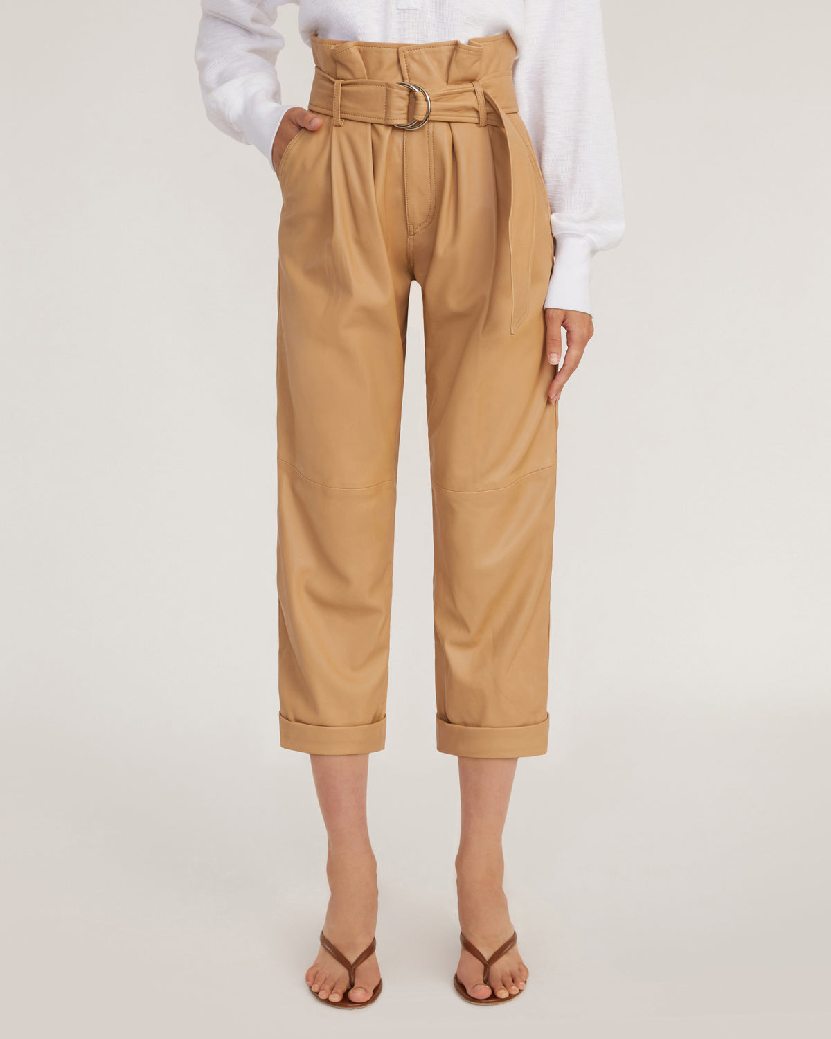 Cotton cigarette trousers with tie-waist, length 30.5